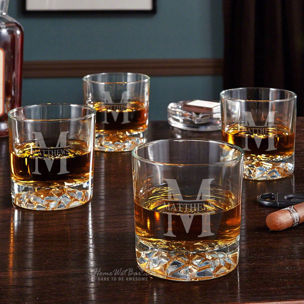 Personalized Whiskey Glasses Set - Glacier Bottom Custom Whiskey Glass Set, Engraved Bar Glasses, Engraved Bourbon Glasses