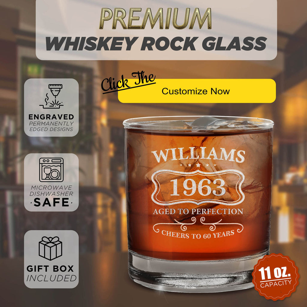 Personalized Aged To Perfection Birthday Custom Engraved Name, Year, Age Whiskey Glass 11 oz. Custom Whiskey Glass. Birthday Gift.