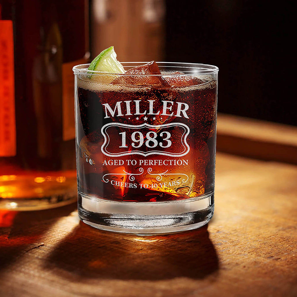Personalized Aged To Perfection Birthday Custom Engraved Name, Year, Age Whiskey Glass 11 oz. Custom Whiskey Glass. Birthday Gift.