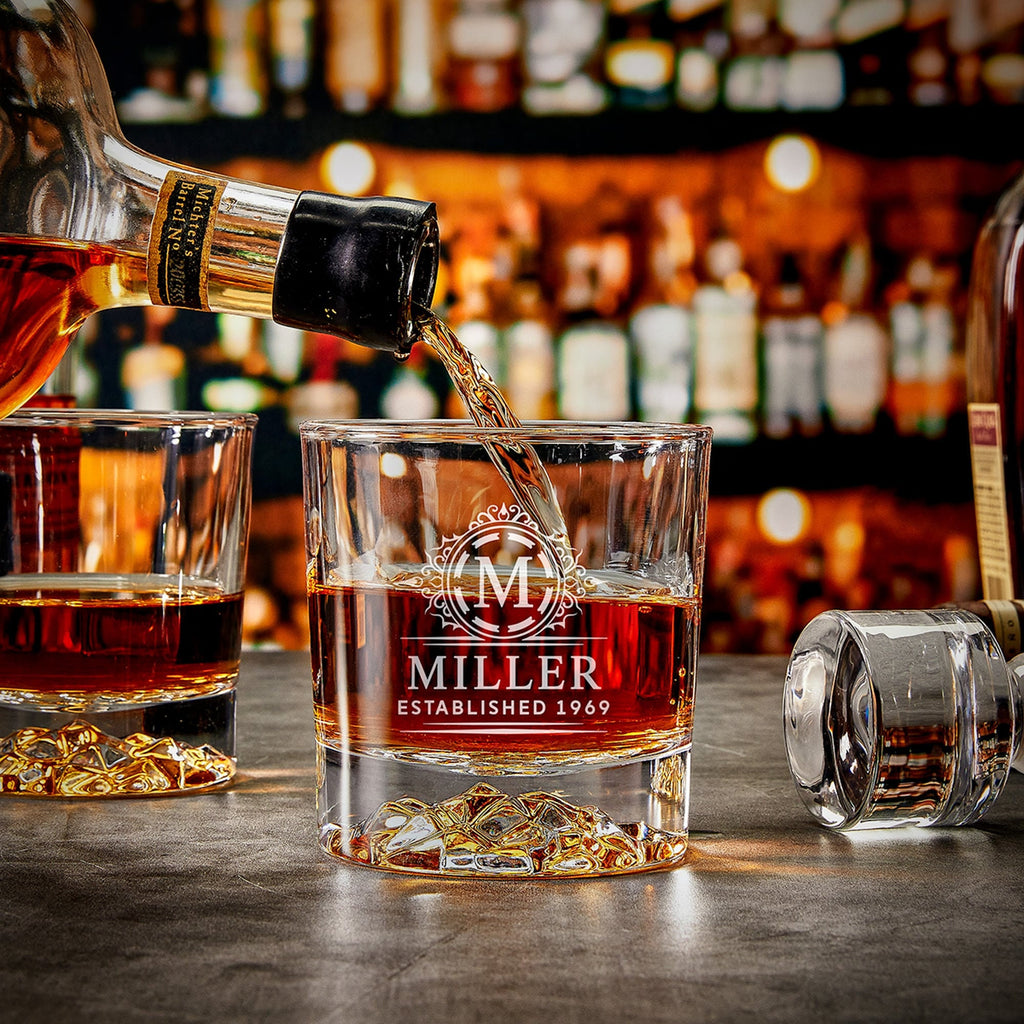 Personalized Whiskey Glasses Set - Glacier Bottom Custom Whiskey Glass Set, Engraved Bar Glasses, Engraved Bourbon Glasses