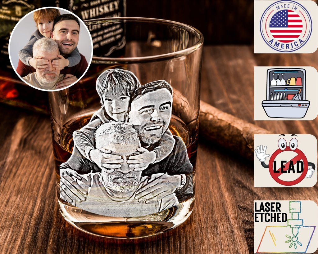Custom Photo Whiskey Glass, Etched Whiskey Glasses from Photo, Personalized Unique Barware Gifts for Him, Fathers Day Gifts, Christmas Gift