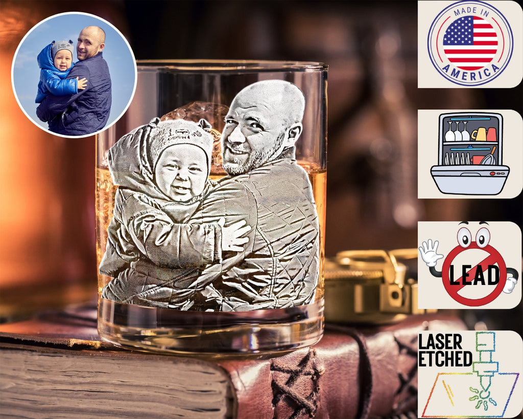 Custom Photo Whiskey Glass, Etched Whiskey Glasses from Photo, Personalized Unique Barware Gifts for Him, Fathers Day Gifts, Christmas Gift