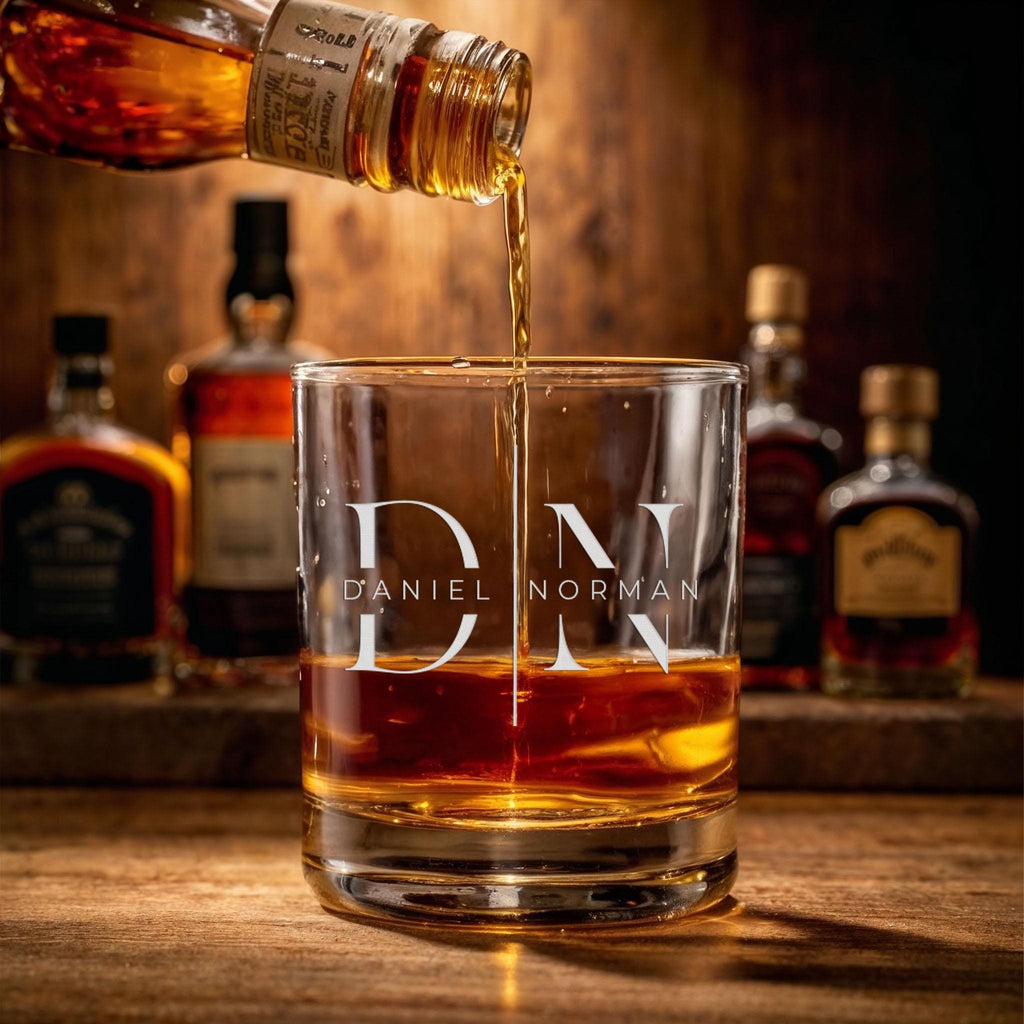 Custom Monogram Whiskey Glass, Personalized 11oz Whiskey Tumbler, Engraved Whiskey Gift for Groomsmen, Birthdays, Anniversaries, Weddings