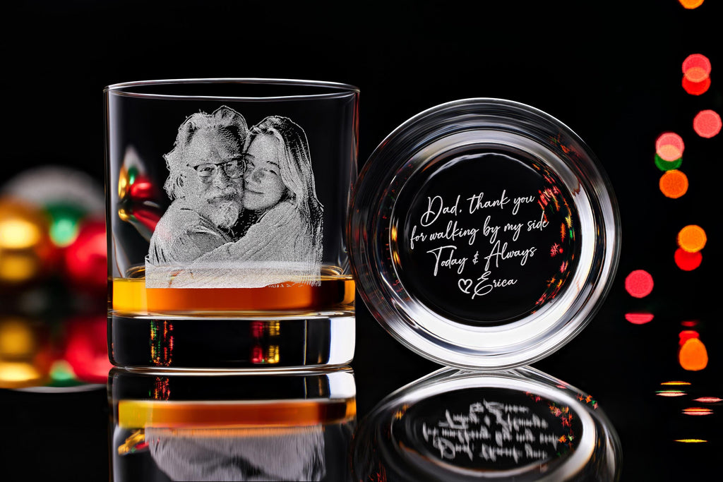 Engraved Whiskey Glass with Custom Photo & Handwriting - Perfect Personalized Christmas Gift for Dad and Husbands, Free Gift Box