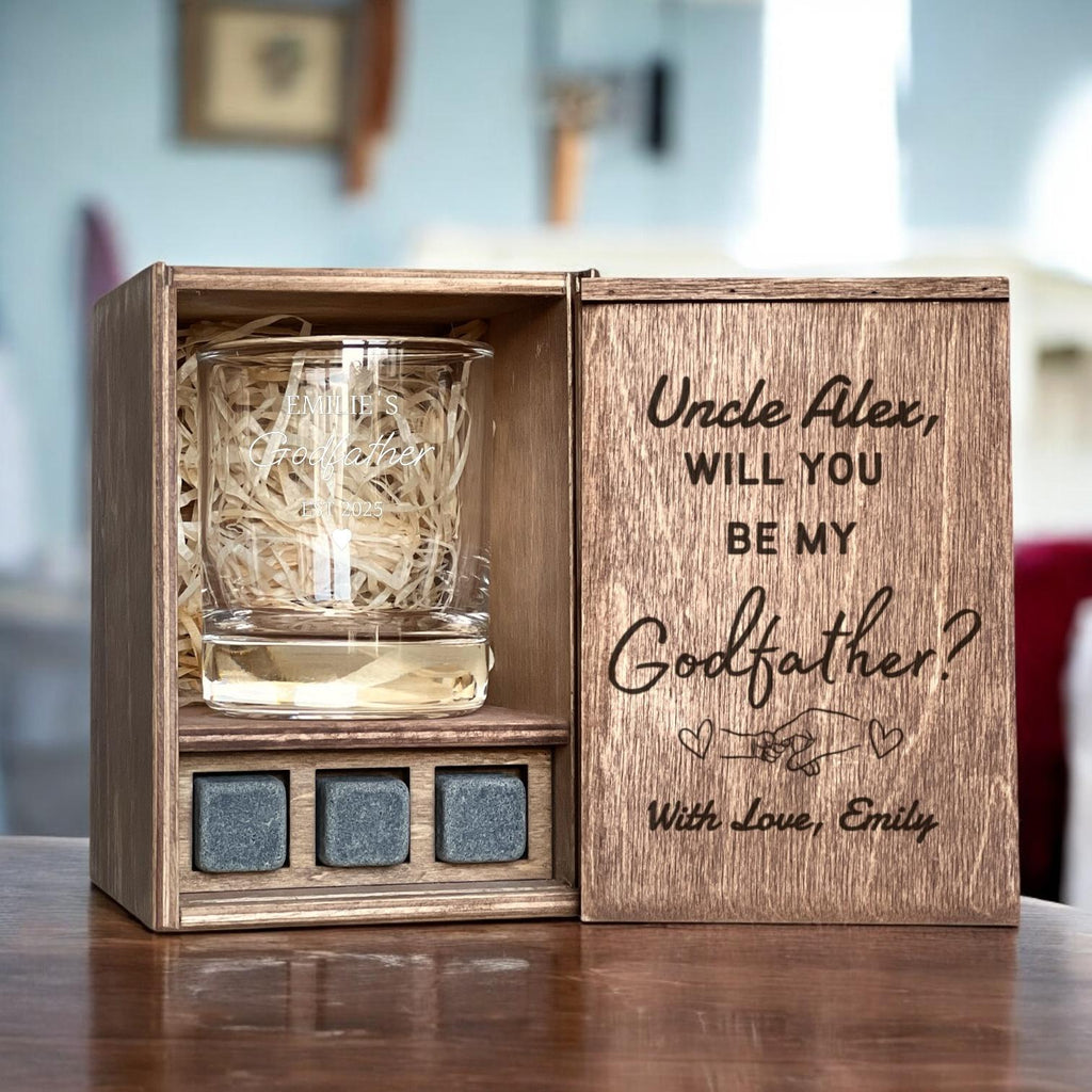 Be My Godfather - Proposal Box with Custom Whiskey Glass, Engraved Gift Set, Padrino Gift, Personalized Whiskey Decanter, Etched Whiskey Set