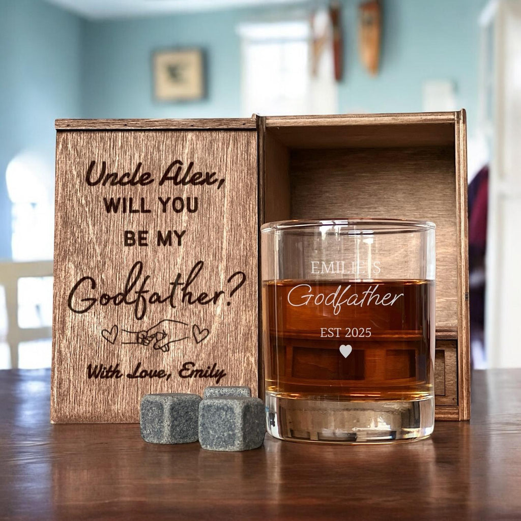 Be My Godfather - Proposal Box with Custom Whiskey Glass, Engraved Gift Set, Padrino Gift, Personalized Whiskey Decanter, Etched Whiskey Set