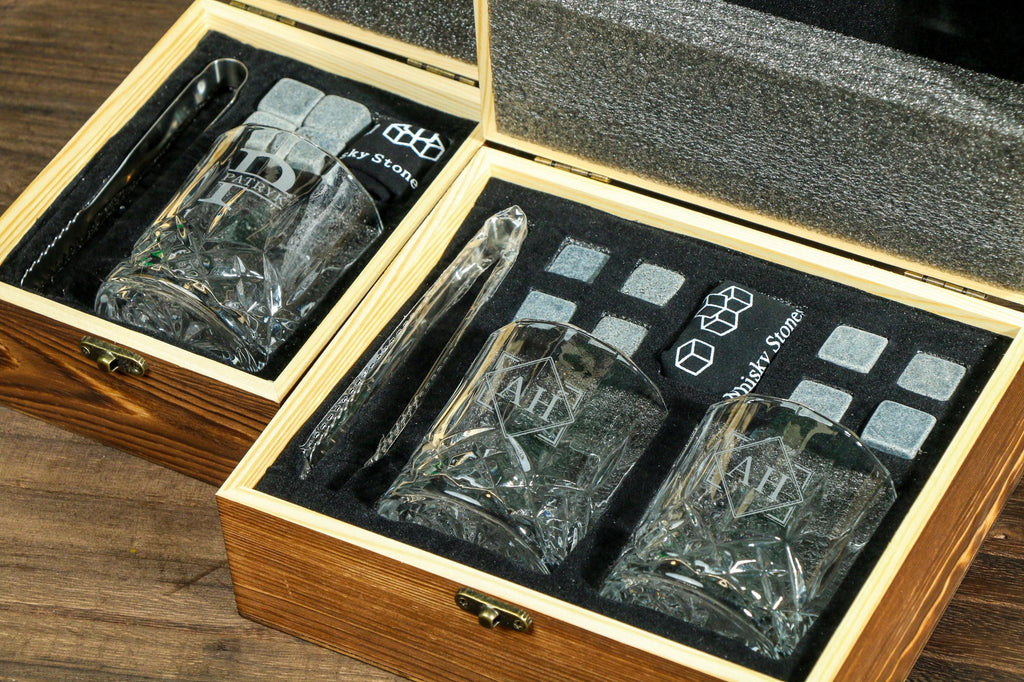 Personalized Whiskey Glass Set with Wooden Box, Groomsmen Gift, Groomsman Proposal, Boyfriend Gift, Gifts for Men,Housewarming Gift