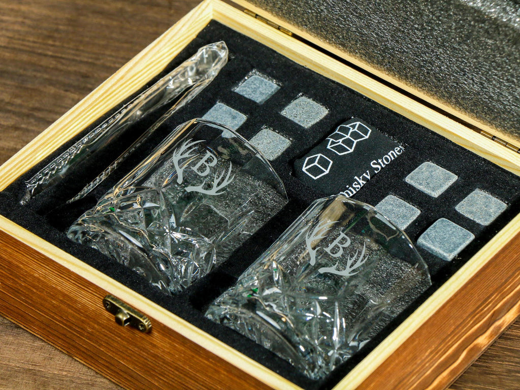 Personalized Whiskey Glass Set with Wooden Box, Groomsmen Gift, Groomsman Proposal, Boyfriend Gift, Gifts for Men,Housewarming Gift