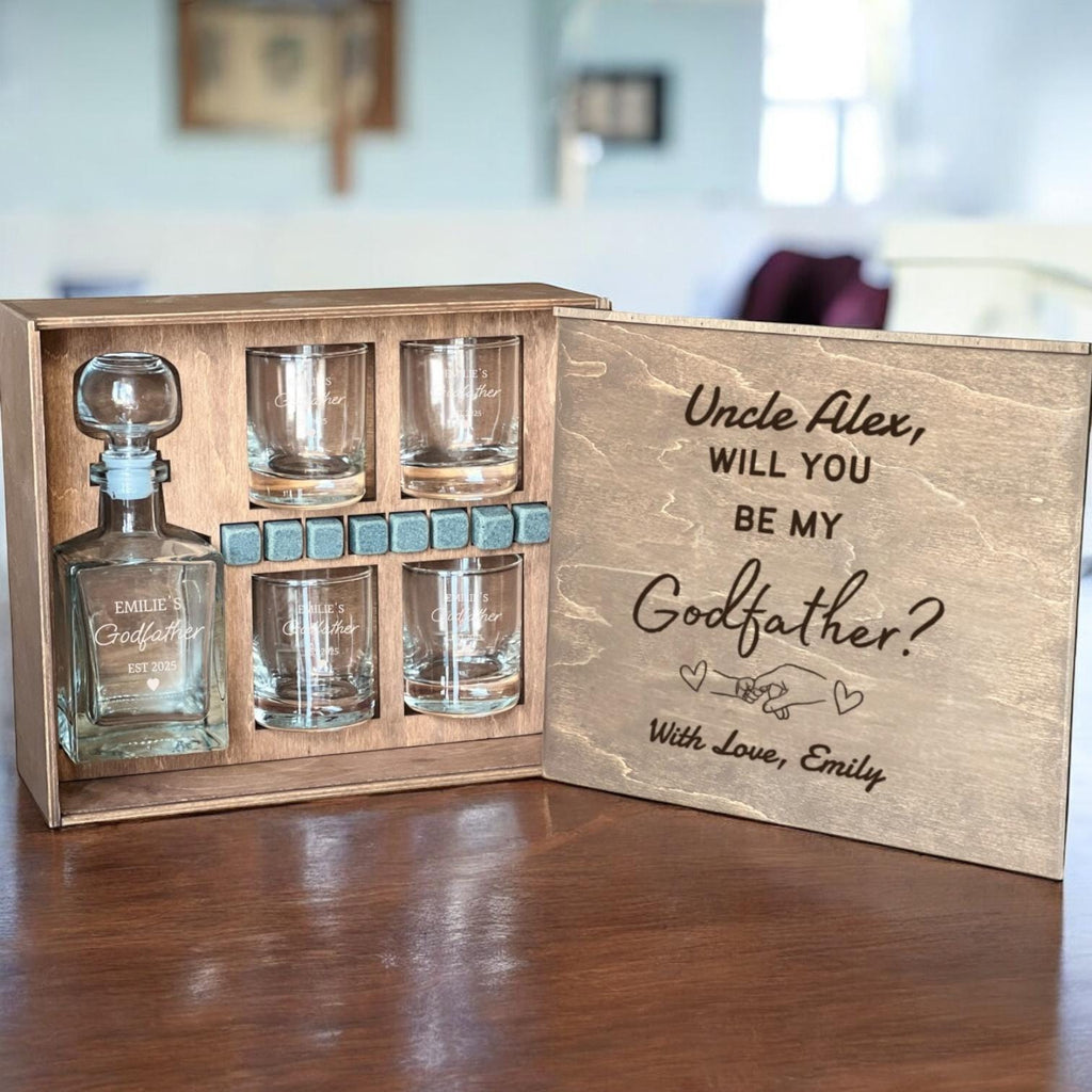 Be My Godfather - Proposal Box with Custom Whiskey Glass, Engraved Gift Set, Padrino Gift, Personalized Whiskey Decanter, Etched Whiskey Set