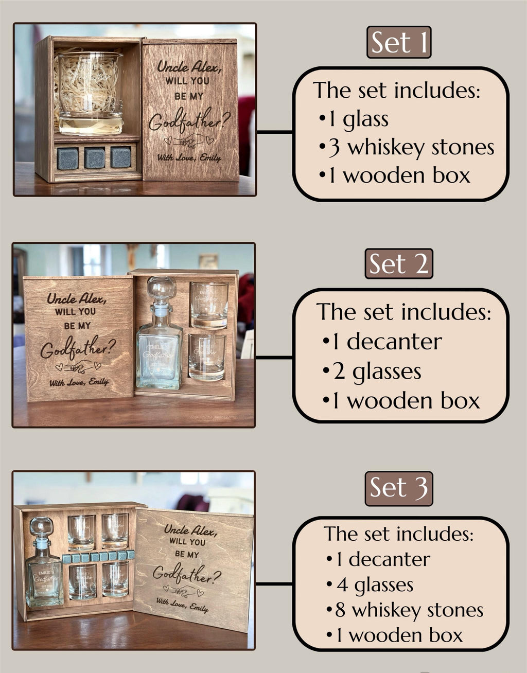 Be My Godfather - Proposal Box with Custom Whiskey Glass, Engraved Gift Set, Padrino Gift, Personalized Whiskey Decanter, Etched Whiskey Set