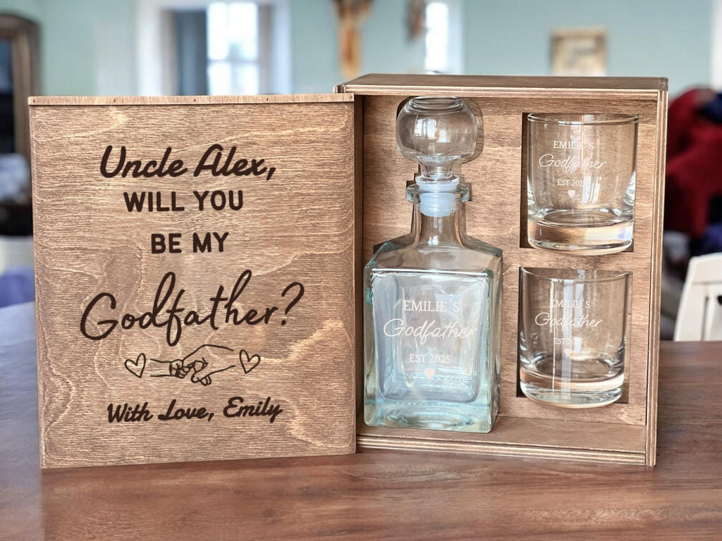 Be My Godfather - Proposal Box with Custom Whiskey Glass, Engraved Gift Set, Padrino Gift, Personalized Whiskey Decanter, Etched Whiskey Set