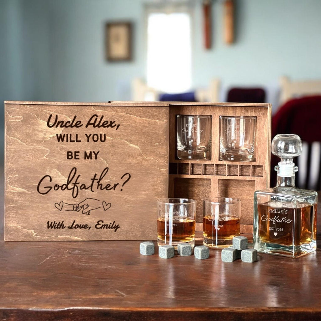 Be My Godfather - Proposal Box with Custom Whiskey Glass, Engraved Gift Set, Padrino Gift, Personalized Whiskey Decanter, Etched Whiskey Set