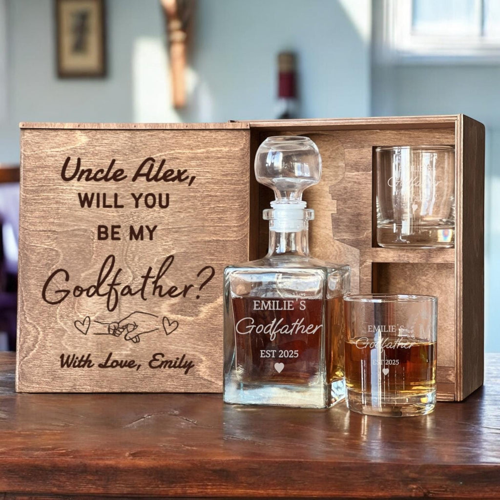 Be My Godfather - Proposal Box with Custom Whiskey Glass, Engraved Gift Set, Padrino Gift, Personalized Whiskey Decanter, Etched Whiskey Set